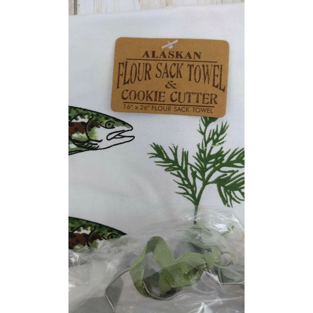 Alaskan Fish Flour Sack Kitchen Towel and Cookie Cutter New